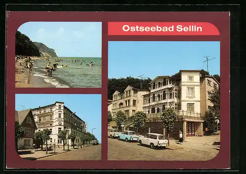 AK Sellin auf Rügen, Strand, Reisebüro-Hotel Frieden, Mütter-Erholungsheim Haus Ingeborg