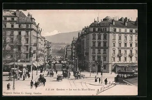 AK Genève, La rue du Mont-Blanc, Strassenbahn