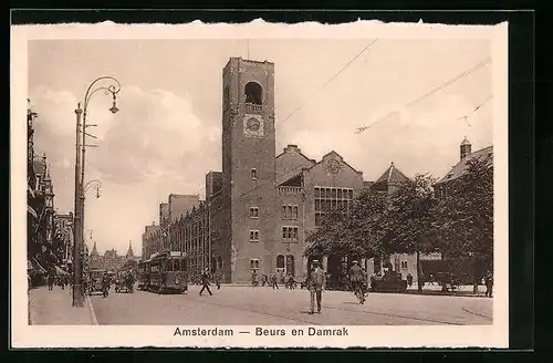 AK Amsterdam, Beurs en Damrak, Strassenbahn