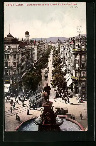 AK Zürich, Bahnhofstrasse mit Alfred Escher-Denkmal, Strassenbahn