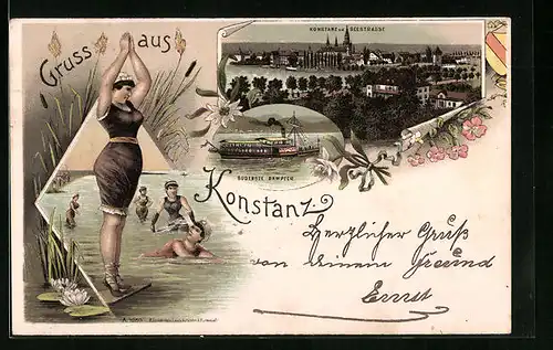 Lithographie Konstanz, Ortsansicht von der Seestrasse, Bodensee-Dampfer, Badende im Bodensee