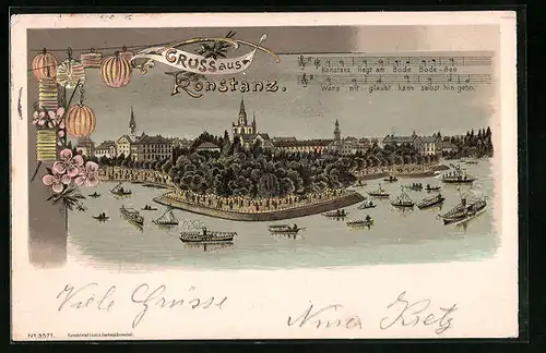 Lithographie Konstanz, Ortsansicht vom Bodensee aus, Dampfschiffe und Lampions