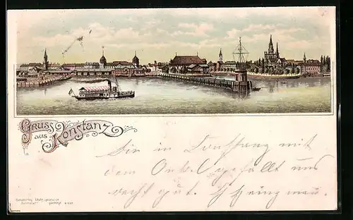 Lithographie Konstanz, Hafen mit Dampfschiffen vom Bodensee aus gesehen