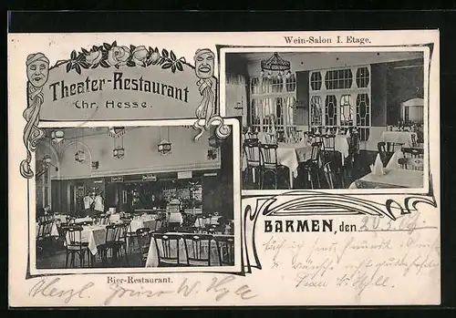 AK Barmen, Theater-Restaurant Chr. Hesse, Bier-Restaurant, Wein-Salon I. Etage
