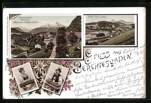 Lithographie Berchtesgaden, Königl. Villa u. Saline, Ortsansicht m. Watzmann