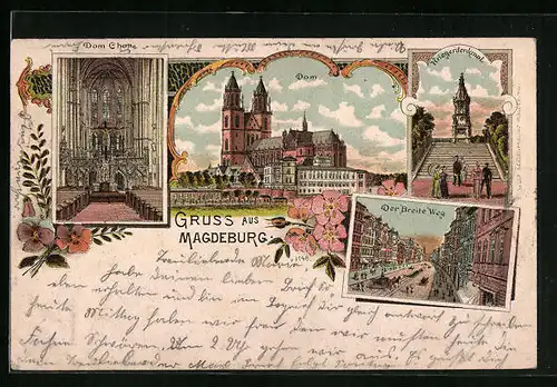 Lithographie Magdeburg, Dom, Domchor, Kriegerdenkmal, Der Breite Weg