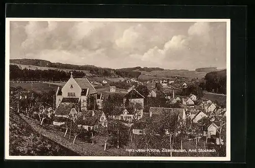 AK Zizenhausen, Herz-Jesu-Kirche mit Dorfpartie