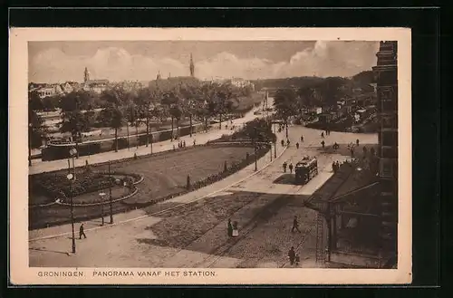 AK Groningen, Panorama Vanaf Het Station, Strassenbahn