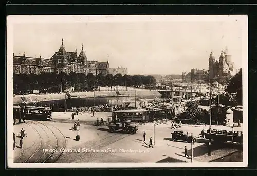 AK Amsterdam, Centraal Station en Snt. Nicolaaskerk, Strassenbahn