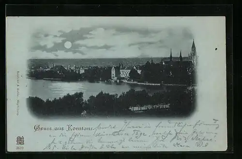 Mondschein-AK Konstanz, Ortsansicht hinter Wasser