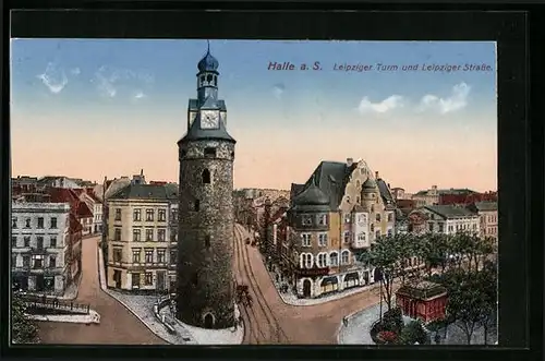 AK Halle a. S., Leipziger Turm und Leipziger Strasse aus der Vogelschau