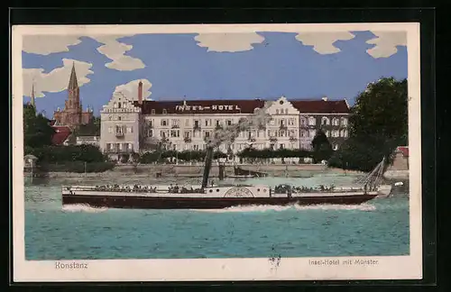 AK Konstanz, Insel-Hotel mit Münster und Dampfschiff