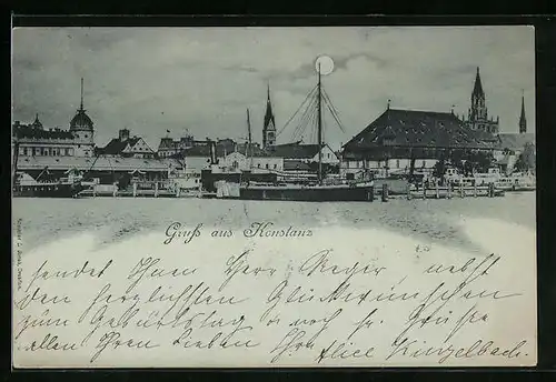 Mondschein-AK Konstanz, Uferpartie mit Kirche