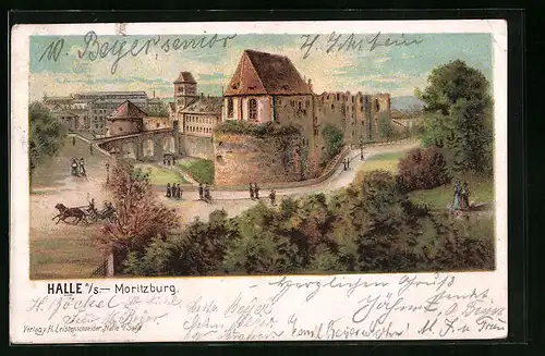 Künstler-AK Halle a. S., Moritzburg mit Pferdewagen