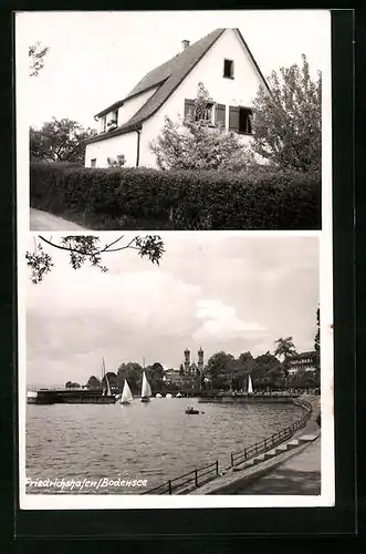 AK Friedrichshafen /Bodensee, Gebäudeansicht, Uferpartie mit Hafen