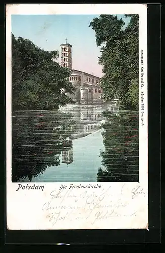 Goldfenster-AK Potsdam, Friedenskirche vom Wasser aus