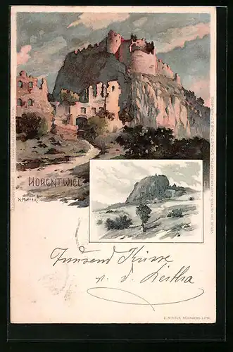 Künstler-AK Karl Mutter: Singen, Burg Hohentwiel im Abendrot