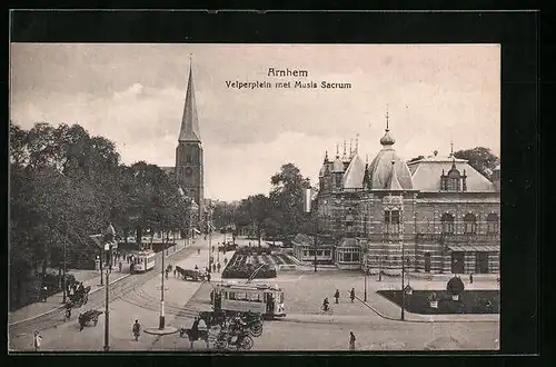 AK Arnhem, Velperplein met Musis Sacrum, Strassenbahn