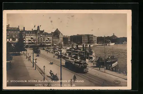AK Stockholm, Södra Blasieholmshamnen Med Grand Hotel Och Nationalmuseum, Strassenbahn