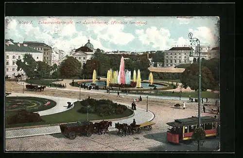 AK Wien, Schwarzenbergerplatz mit Leuchtbrunnen und Strassenbahn