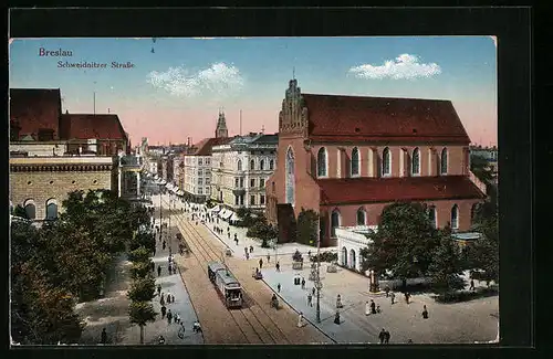 AK Breslau, Schweidnitzer Strasse mit Strassenbahn