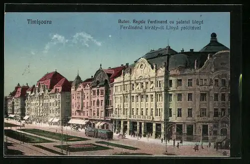 AK Timisoara, Bulev. Regele Ferdinand cu palatul Lloyd, Strassenbahn