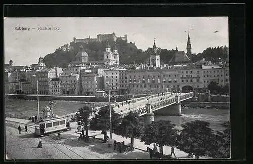 AK Salzburg, Staatsbrücke mit Strassenbahn