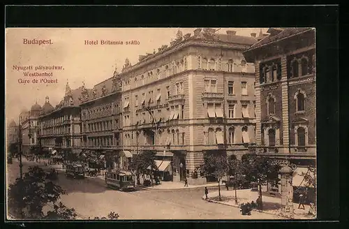 AK Budapest, Hotel Britannia szallo, Nyugati palyaudvar, Strassenbahn