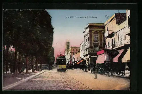 AK Tunis, Avenue Jules-Ferry, Strassenbahn