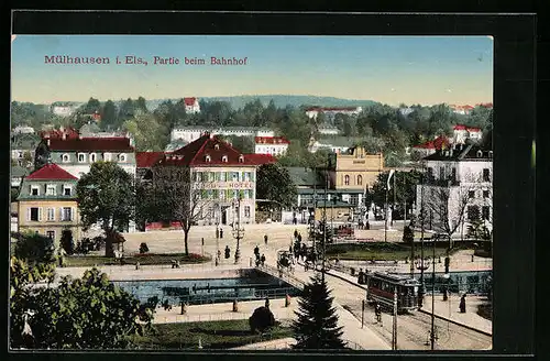 AK Mülhausen, Partie beim Bahnhof mit Strassenbahn