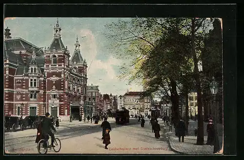 AK Amsterdam, Leidscheplein met Stadsschrouwburg, Strassenbahn