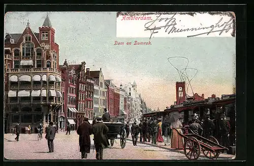 AK Amsterdam, Dam en Damrak, Strassenbahn