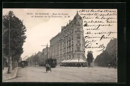 AK St-Mandé, Rue de Paris et Avenue de la Tourelle, Strassenbahn