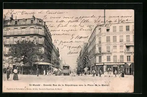 AK Saint Mandé, Grande Rue de la Reüublique vers de la Mairie, Strassenbahn