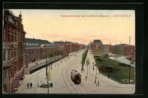 AK Amsterdam, Sarphatiestraat met Artillerie-Kazerne, Strassenbahn