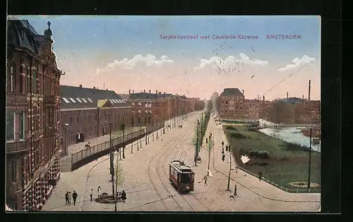 AK Amsterdam, Sarphatiestraat met Cavalerie-Kazerne, Strassenbahn