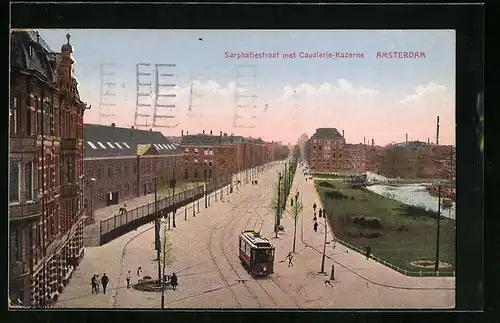 AK Amsterdam, Sarphatiestraat met Cavalerie-Kazerne, Strassenbahn