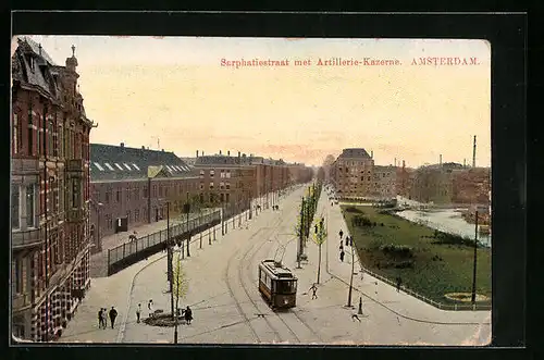 AK Amsterdam, Sarphatiestraat met Cavalerie-Kazerne, Strassenbahn