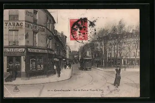 AK Courbevoie, Rue de Paris et Place du Port, Strassenbahn