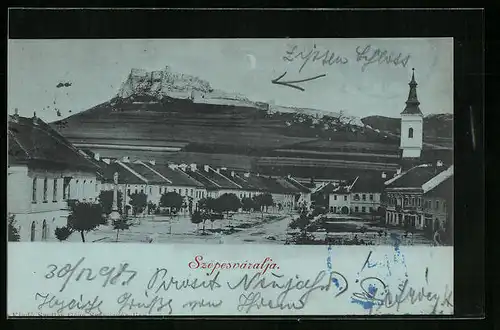 Mondschein-AK Szepesváralja, Blick vom Hauptplatz zum Schloss