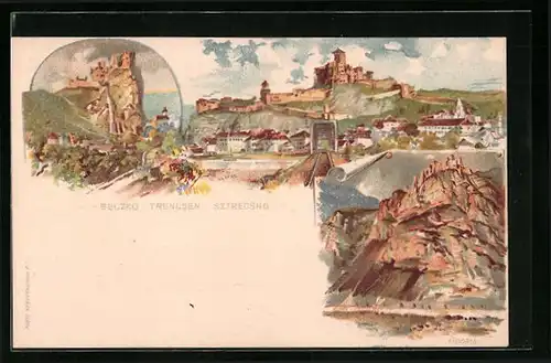 Lithographie Beczko, Ortsansicht mit Ruine, Trencsen, Sztrecsno, Ganzsache