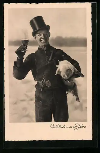 AK Schmutziger Schornsteinfeger mit Schwein