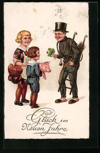 AK Schornsteinfeger mit Kindern und Glückssymbolen