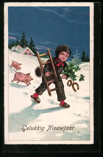 AK Schornsteinfeger im Schnee mit Schweinen