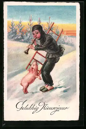 AK Schornsteinfeger mit Flöte und Schwein