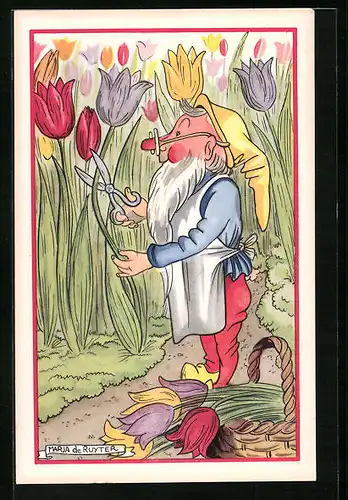 AK Zwerg sammelt Tulpen