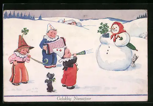 AK Verkleidete Kinder mit Schneemann