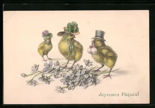 AK Osterküken mit Hüten