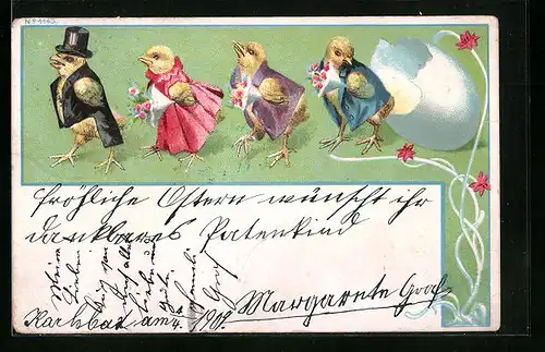 AK Osterküken in feiner Kleidung