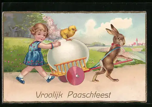 AK Osterhase mit Leiterwagen und Osterküken